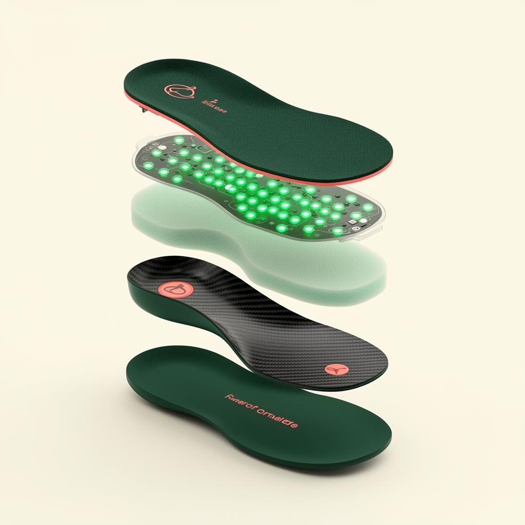 Exploded view of the SAARTHI smart insole showing fabric cover, sensor array, foam, carbon arch plate, and base